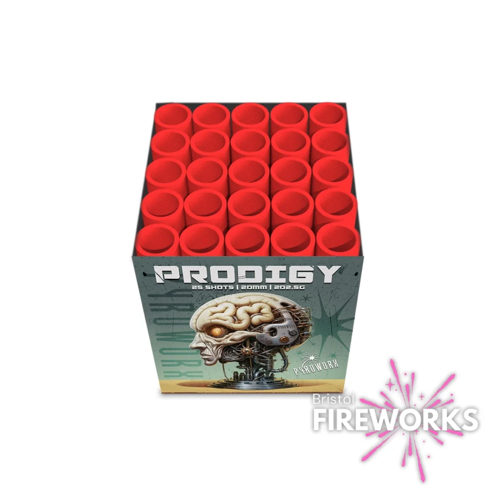 The Prodigy | 25 Shot Single Light Barrage is a box-shaped firework with 25 red circular tubes on top, robotic brain artwork on the side, and the Bristol Fireworks logo with pink sparks in the bottom right corner.